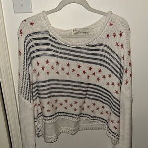 White Knit Sweater with Red Stars and Blue Stripes